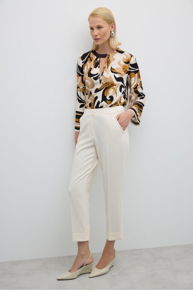 Roman Arka Paçası Ribanalı Pantolon Ekru