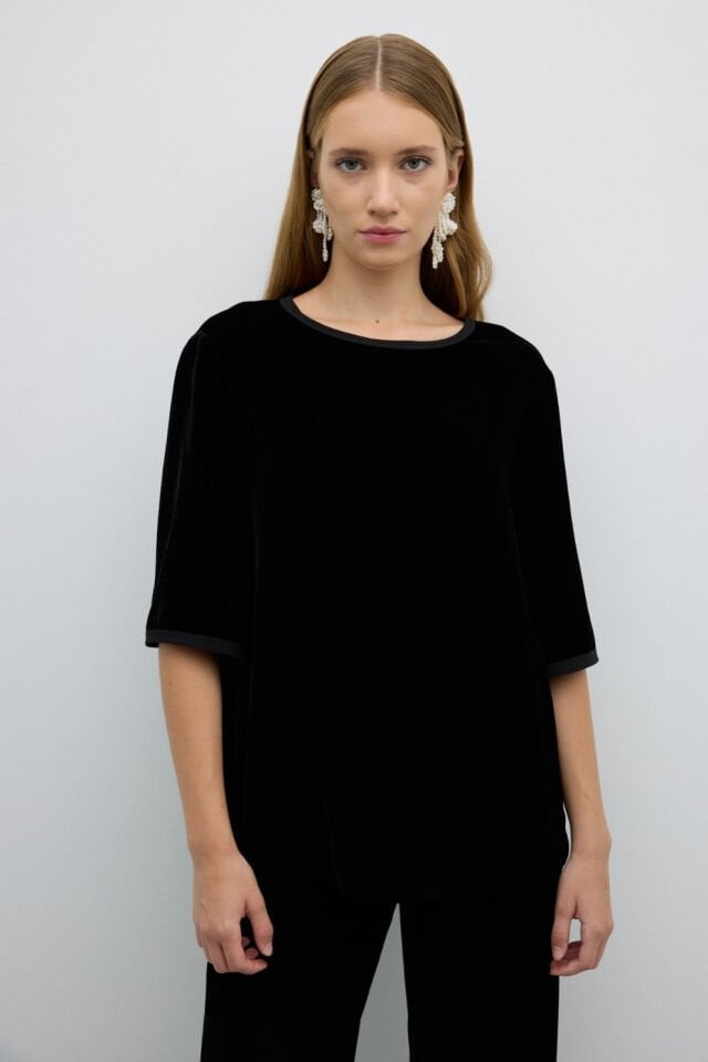 Roman Bisiklet Yaka Şİfon Biyeli Bluz Siyah