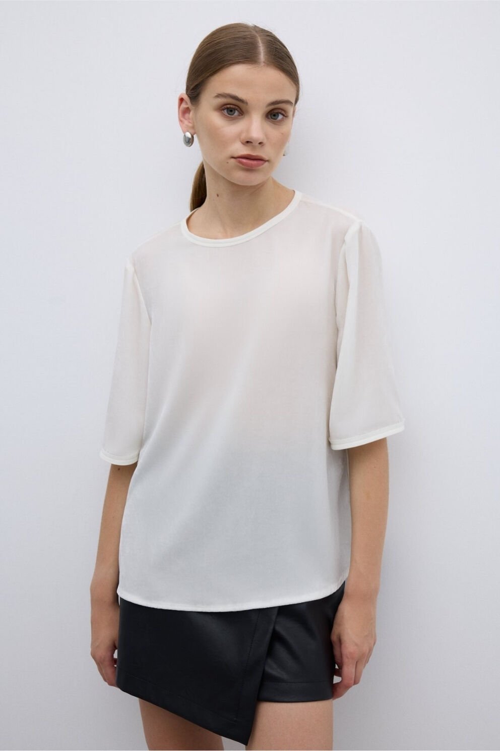 Roman Bisiklet Yaka Şİfon Biyeli Bluz Beyaz