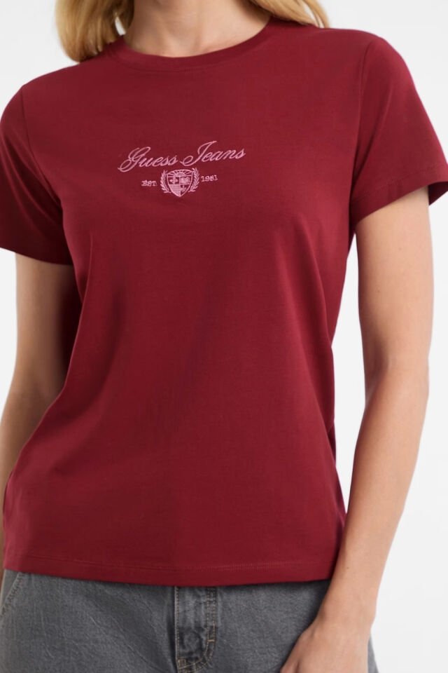 Guess Logo Nakış İşlemeli T-shirt Kırmızı