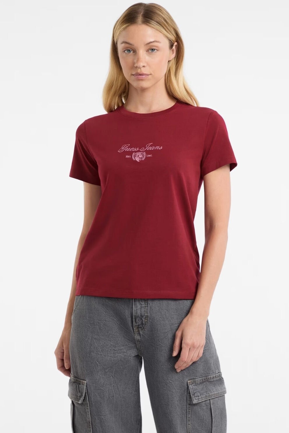 Guess Logo Nakış İşlemeli T-shirt Kırmızı