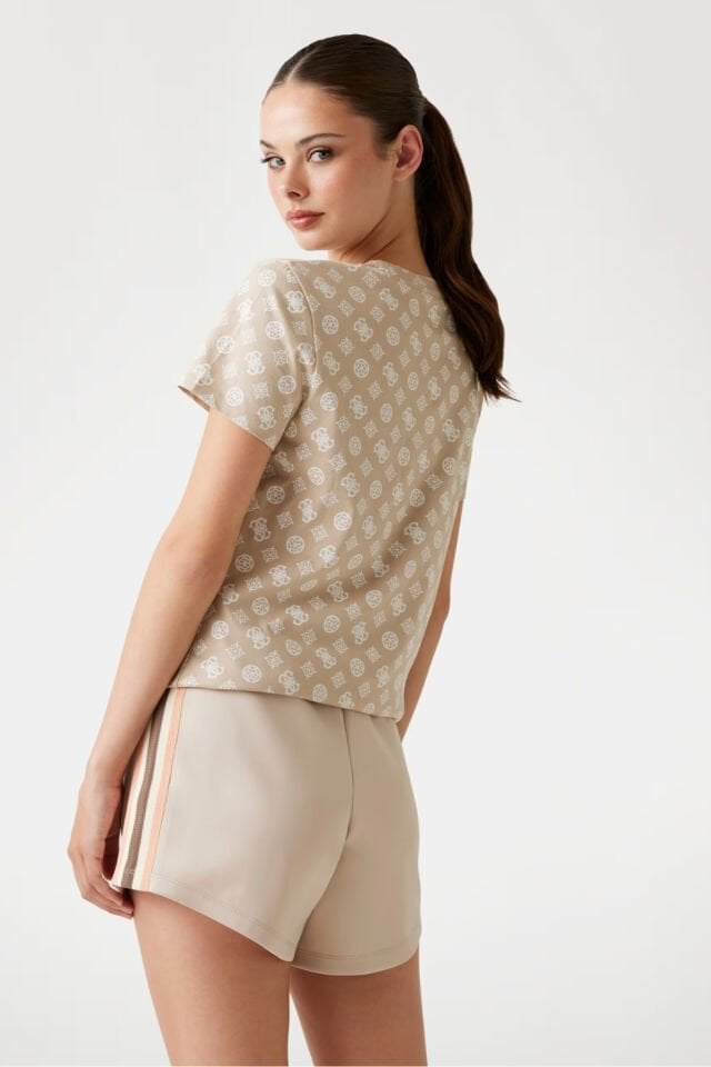 Guess Tamamı Logolu T-shirt Bej