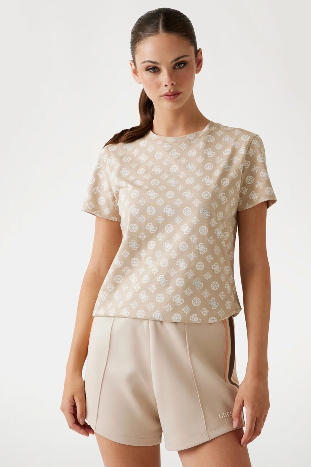 Guess Tamamı Logolu T-shirt Bej
