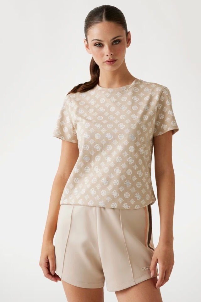 Guess Tamamı Logolu T-shirt Bej