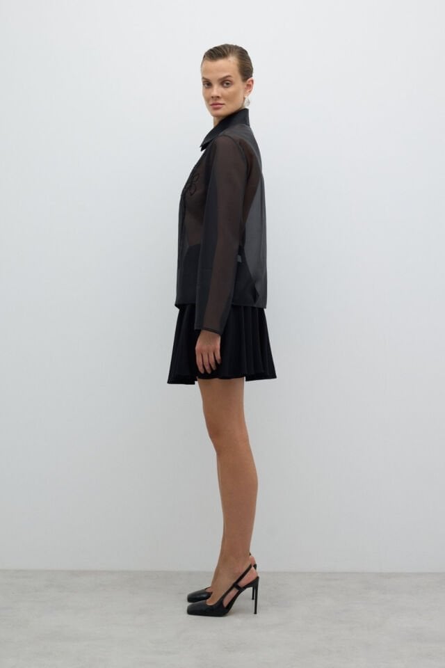 Roman Önden Fermuarlı Taş İşlemeli Ceket Siyah