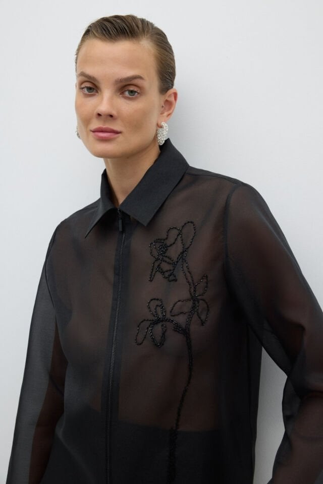 Roman Önden Fermuarlı Taş İşlemeli Ceket Siyah