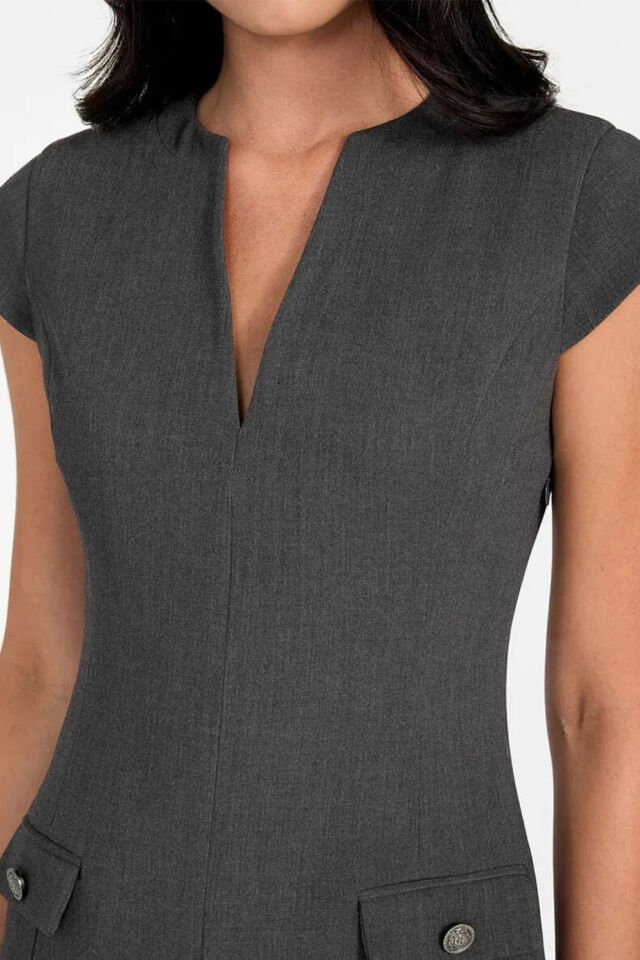 Guess V Yakalı Midi Elbise Gri