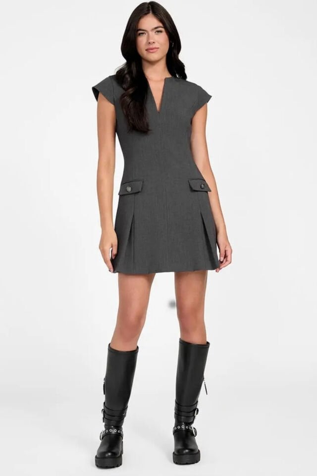 Guess V Yakalı Midi Elbise Gri