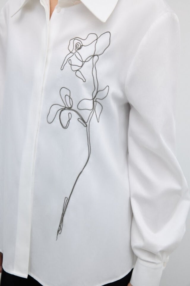 Roman Zincir İşlemeli Uzun Kol Gömlek Beyaz