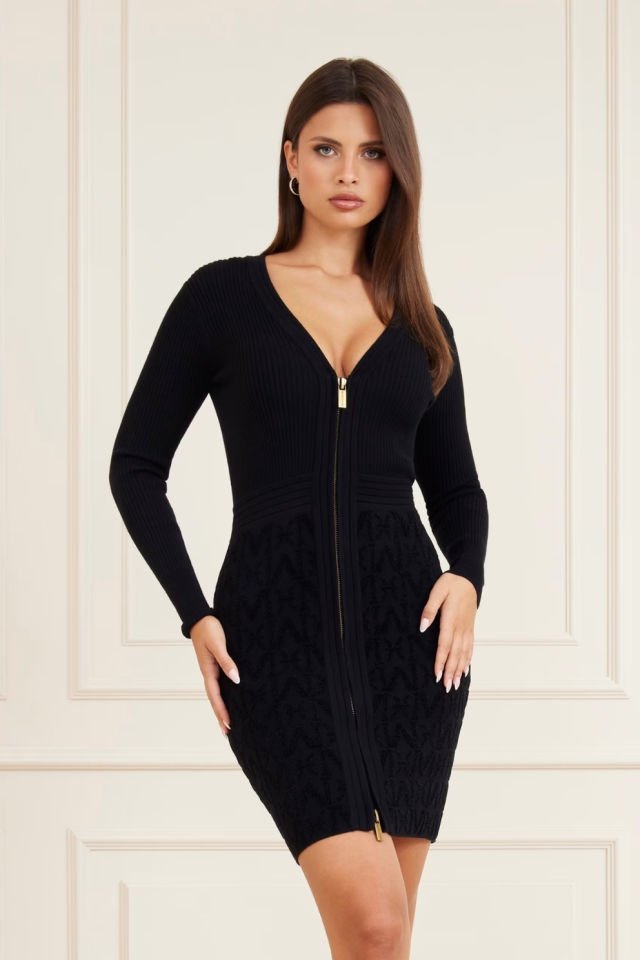 Guess Marciano Monogram Mini Triko Elbise Siyah