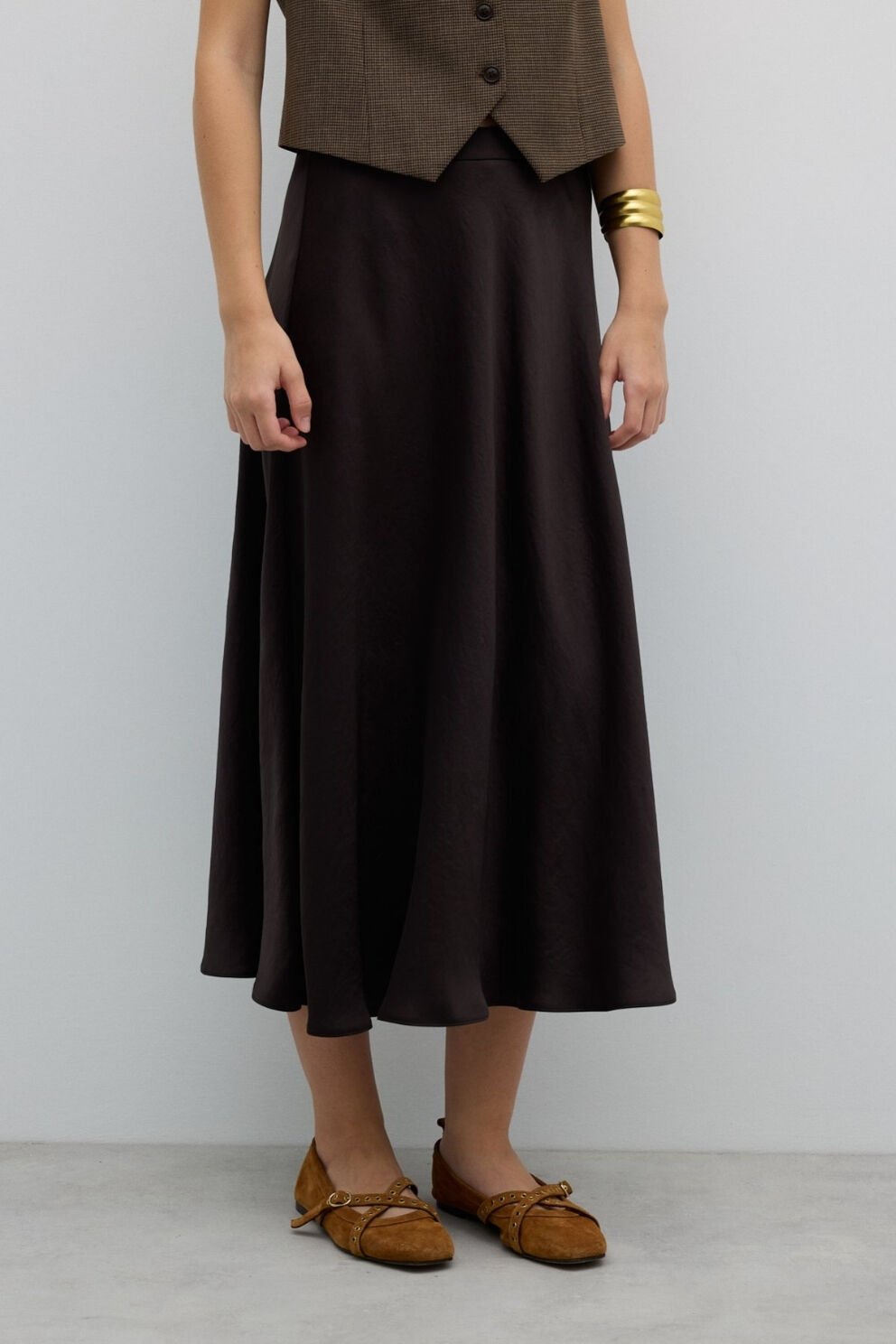 Roman Kloş Midi Boy Saten Etek Acı Kahve