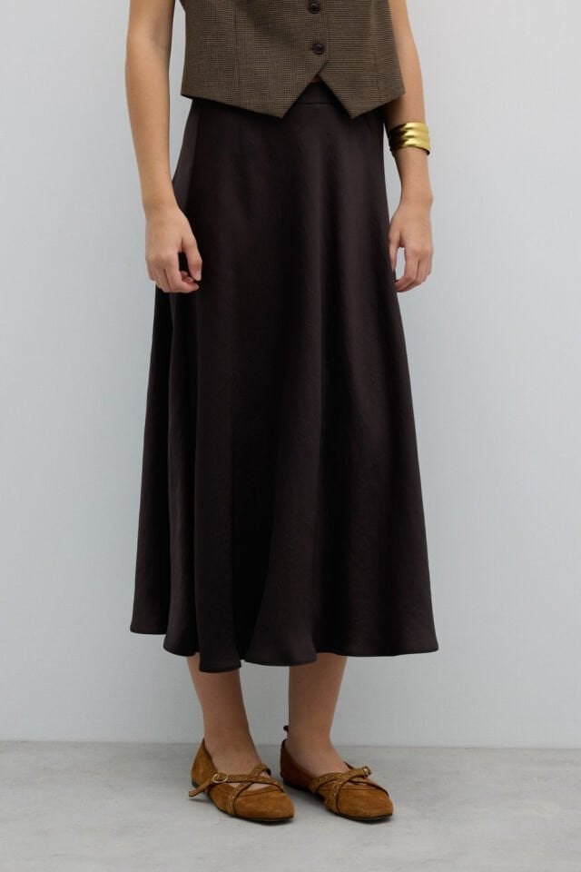 Roman Kloş Midi Boy Saten Etek Acı Kahve