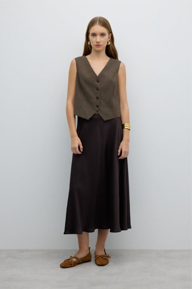 Roman Kloş Midi Boy Saten Etek Acı Kahve