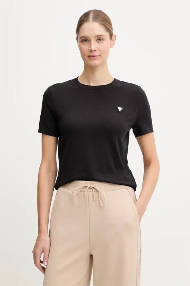 Guess Pamuk Karışımlı Slim Fit Bisiklet Yaka Logolu  T Shirt Siyah