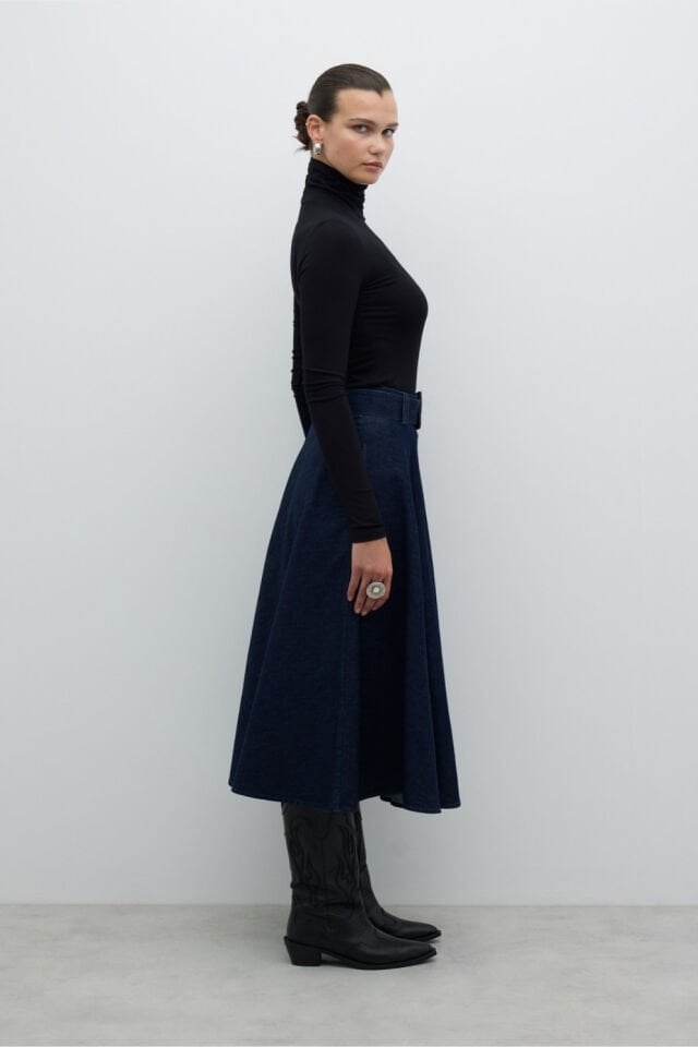 Roman Beli Kemerli Denim Kloş Midi Boy Etek Lacivert