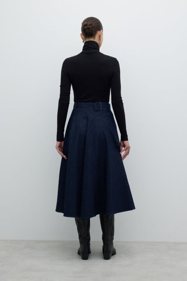 Roman Beli Kemerli Denim Kloş Midi Boy Etek Lacivert