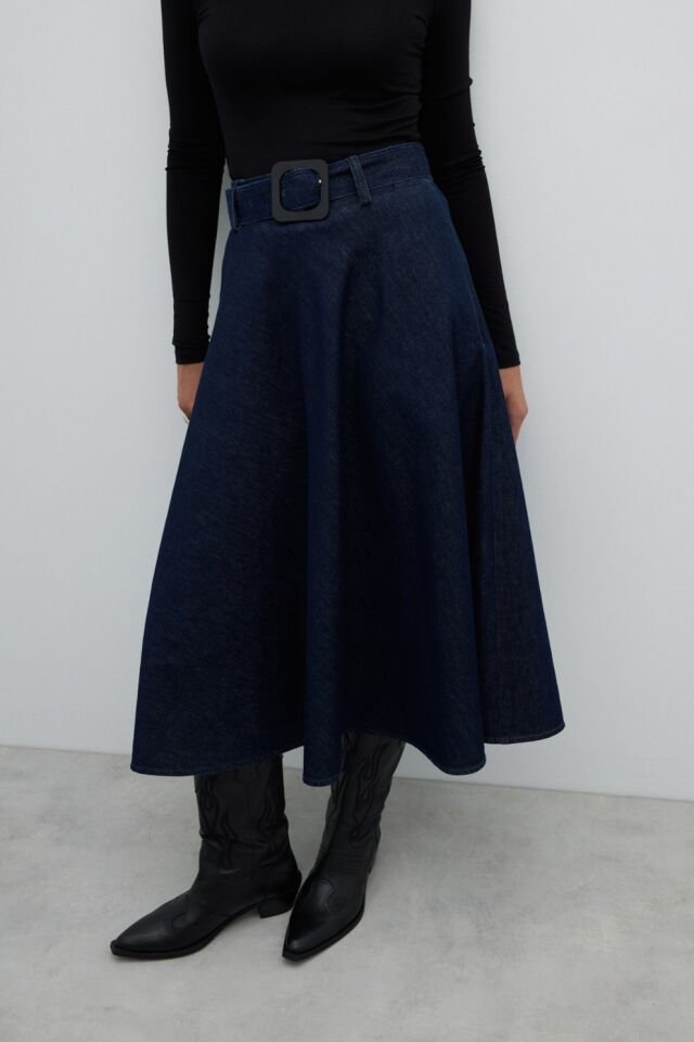 Roman Beli Kemerli Denim Kloş Midi Boy Etek Lacivert