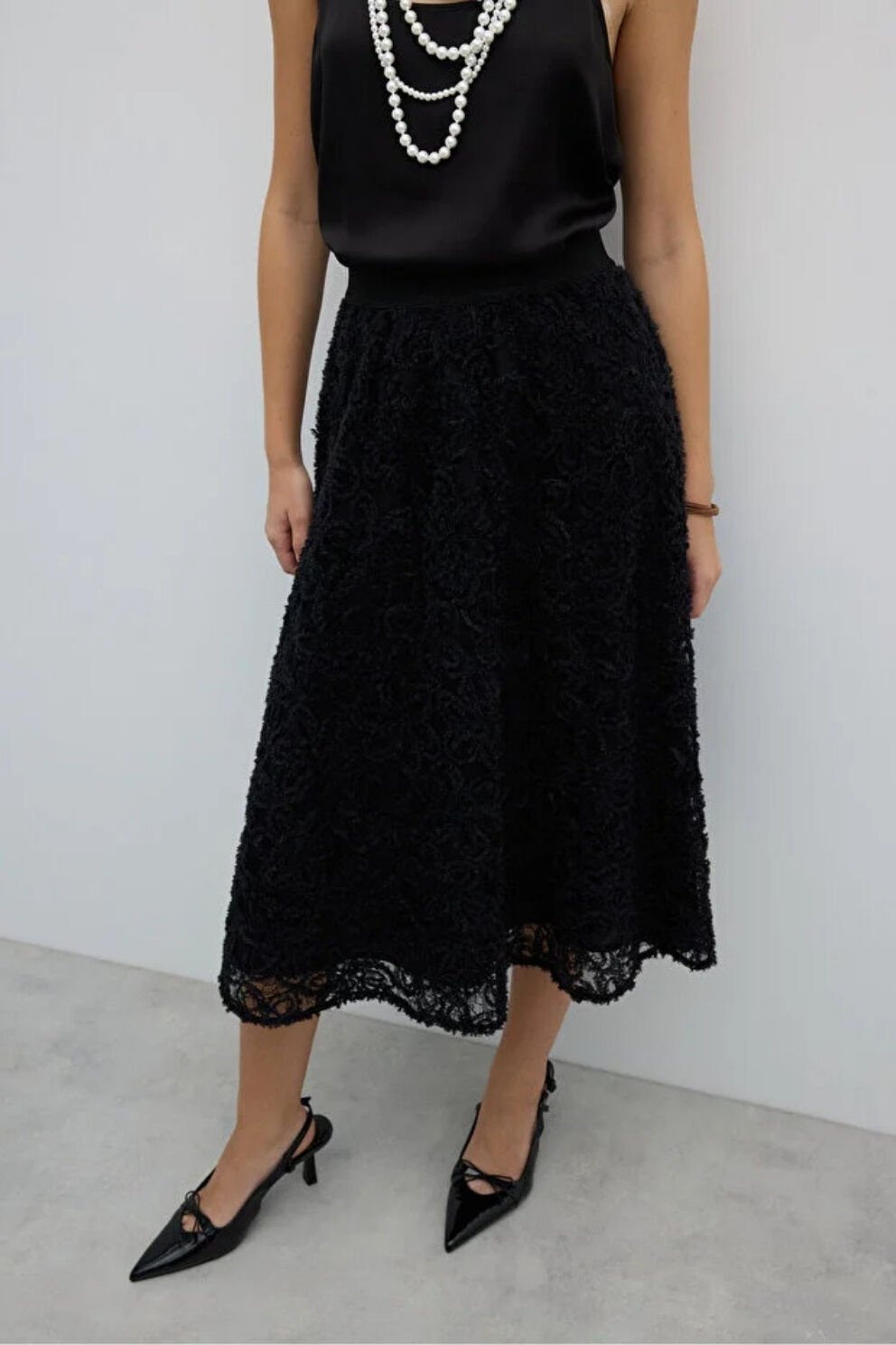 Roman Beli Lastikli Kloş Midi Boy Etek Siyah