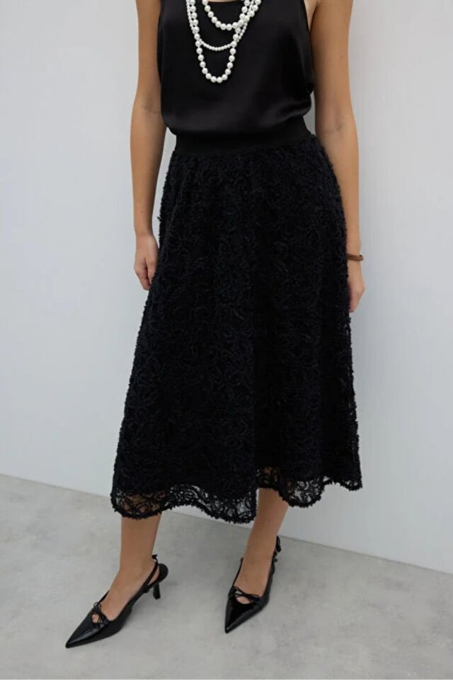 Roman Beli Lastikli Kloş Midi Boy Etek Siyah