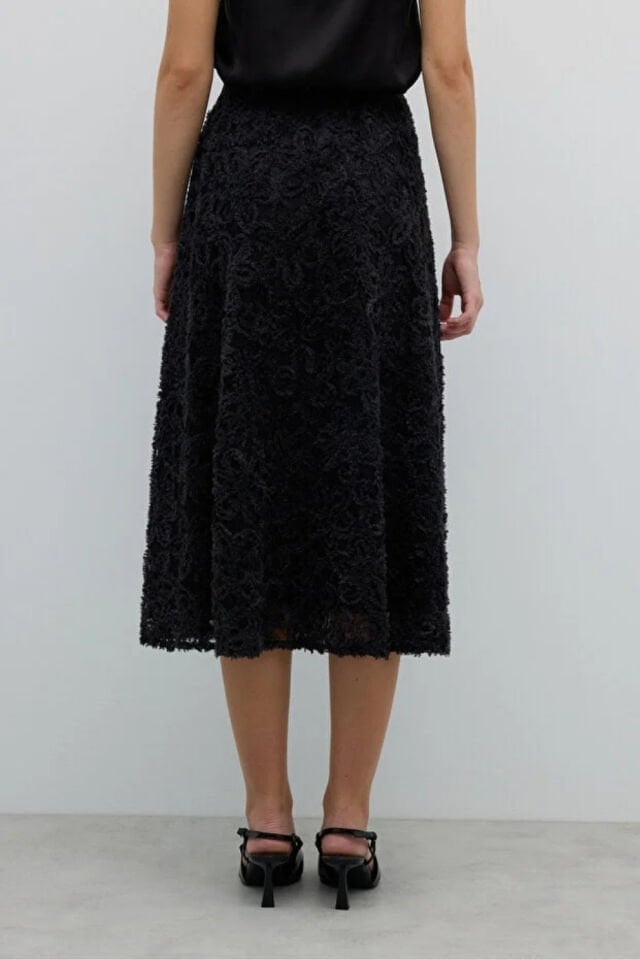 Roman Beli Lastikli Kloş Midi Boy Etek Siyah