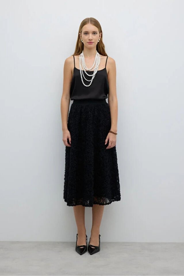 Roman Beli Lastikli Kloş Midi Boy Etek Siyah