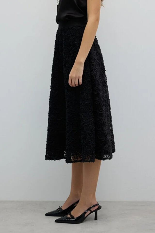 Roman Beli Lastikli Kloş Midi Boy Etek Siyah