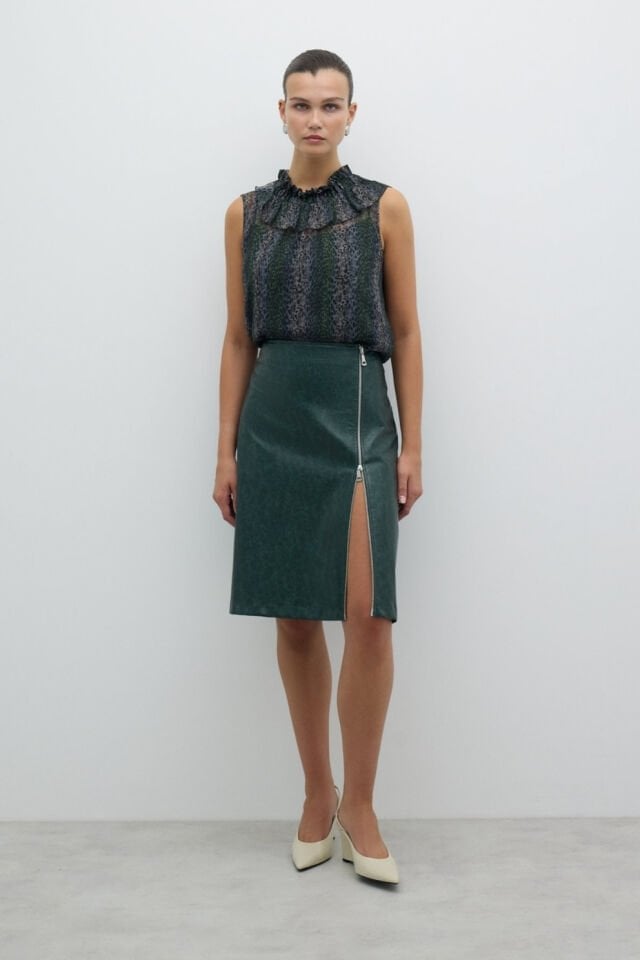 Roman Önü Fermuarlı Midi Boy Etek Yeşil