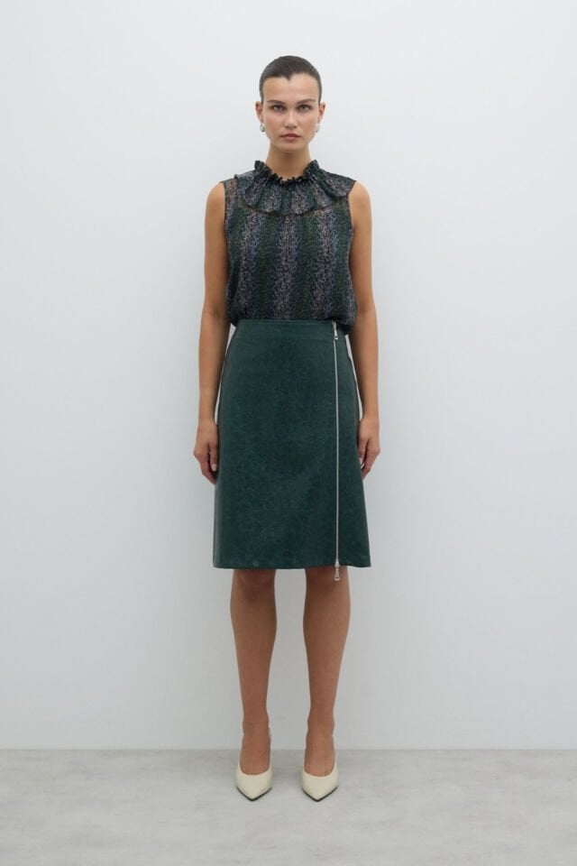 Roman Önü Fermuarlı Midi Boy Etek Yeşil