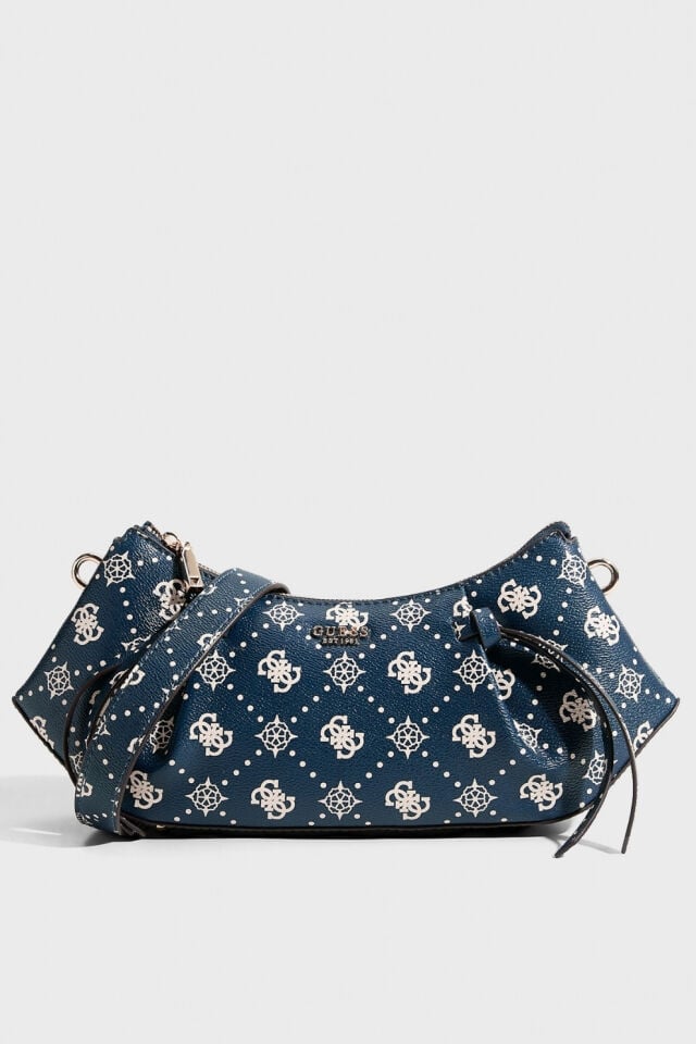 Guess Allegra Monogram Baskılı Düğümlü Omuz Çantası Mavi