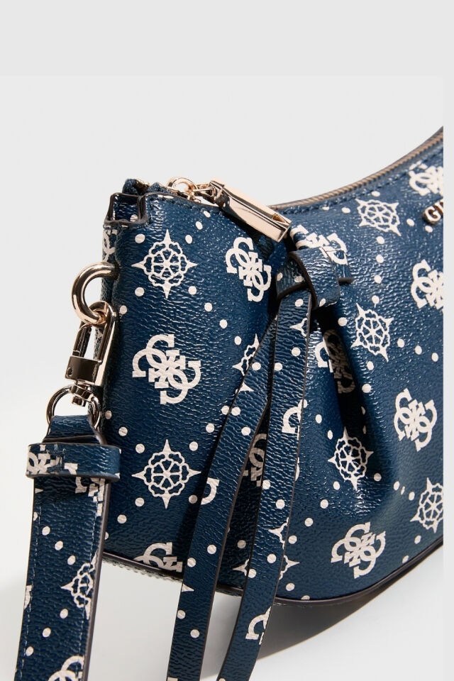 Guess Allegra Monogram Baskılı Düğümlü Omuz Çantası Mavi
