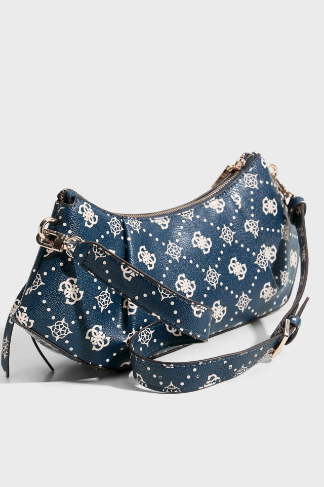 Guess Allegra Monogram Baskılı Düğümlü Omuz Çantası Mavi