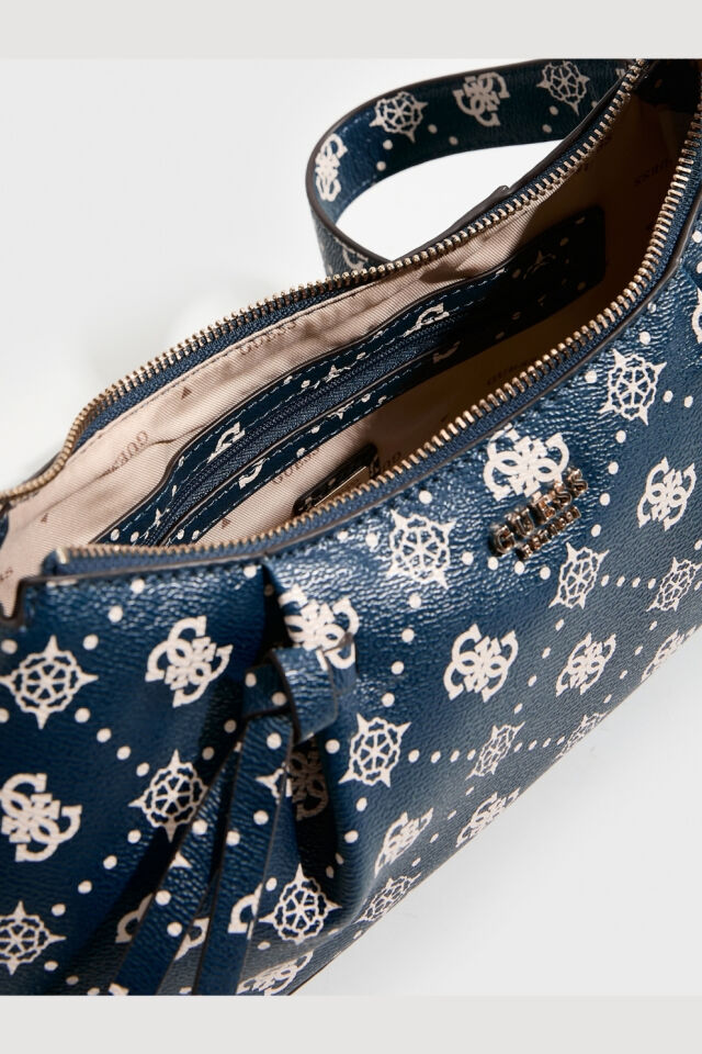 Guess Allegra Monogram Baskılı Düğümlü Omuz Çantası Mavi