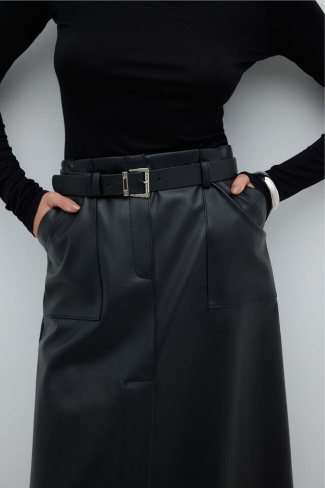 Roman Beli Kemerli Yırtmaçlı Midi Boy Etek Siyah