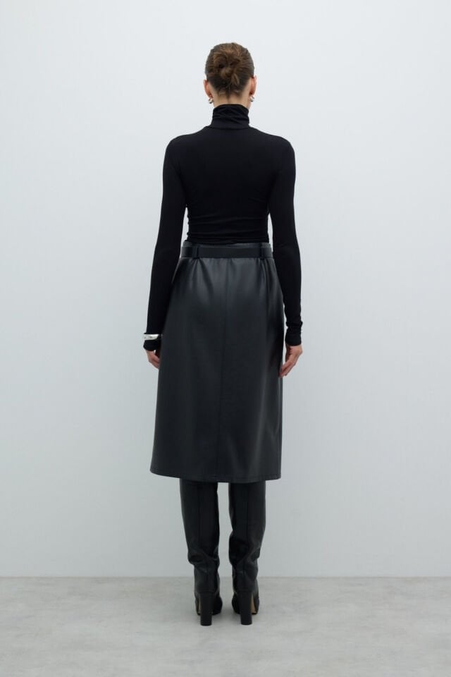 Roman Beli Kemerli Yırtmaçlı Midi Boy Etek Siyah