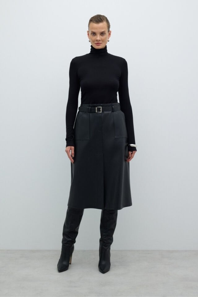 Roman Beli Kemerli Yırtmaçlı Midi Boy Etek Siyah