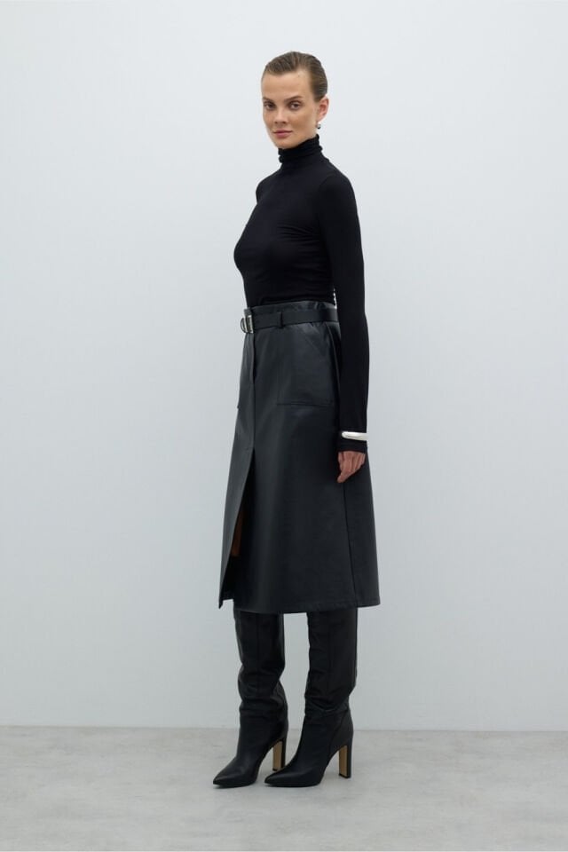 Roman Beli Kemerli Yırtmaçlı Midi Boy Etek Siyah