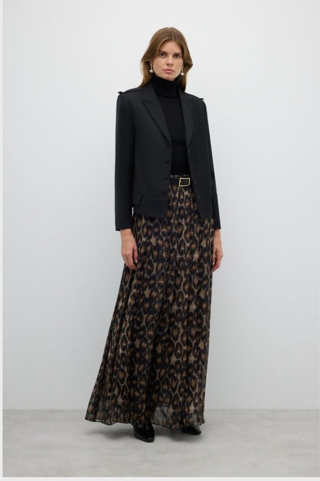 Roman Leopar Desenli Pileli Uzun Etek Standart Renk