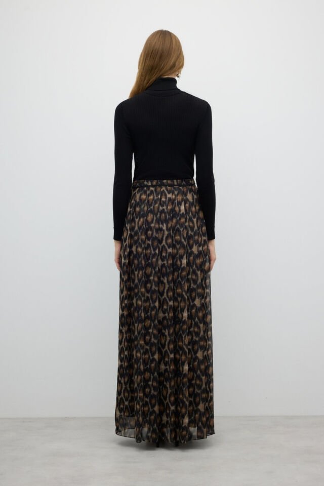 Roman Leopar Desenli Pileli Uzun Etek Standart Renk