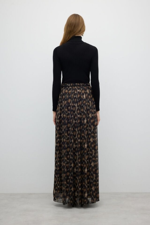 Roman Leopar Desenli Pileli Uzun Etek Standart Renk