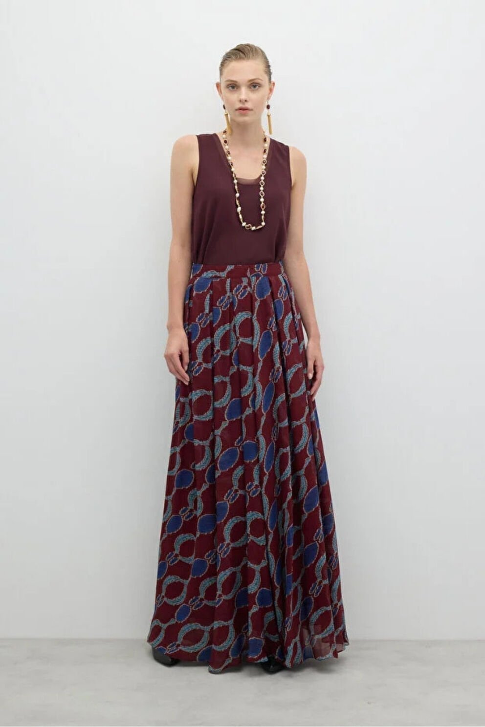 Roman Pileli Maksi Boy Etek Bordo-Lacivert