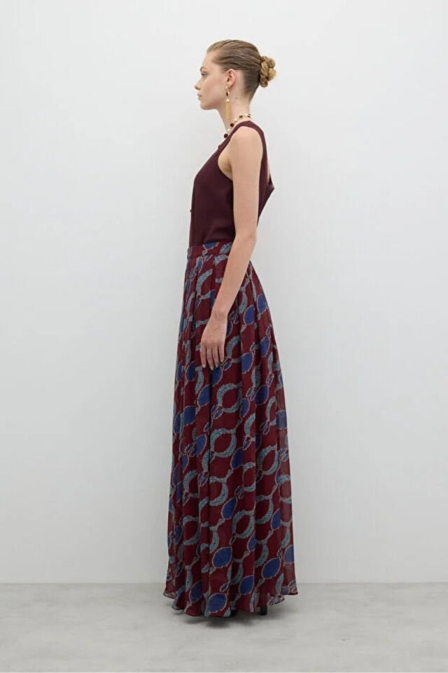 Roman Pileli Maksi Boy Etek Bordo-Lacivert