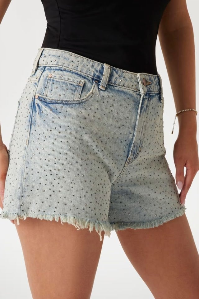 Guess Suni Taş Süslemeli Denim Şort Mavi