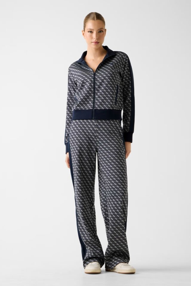 Guess Baskılı Logolu, Tam Fermuarlı Kazak Mavi