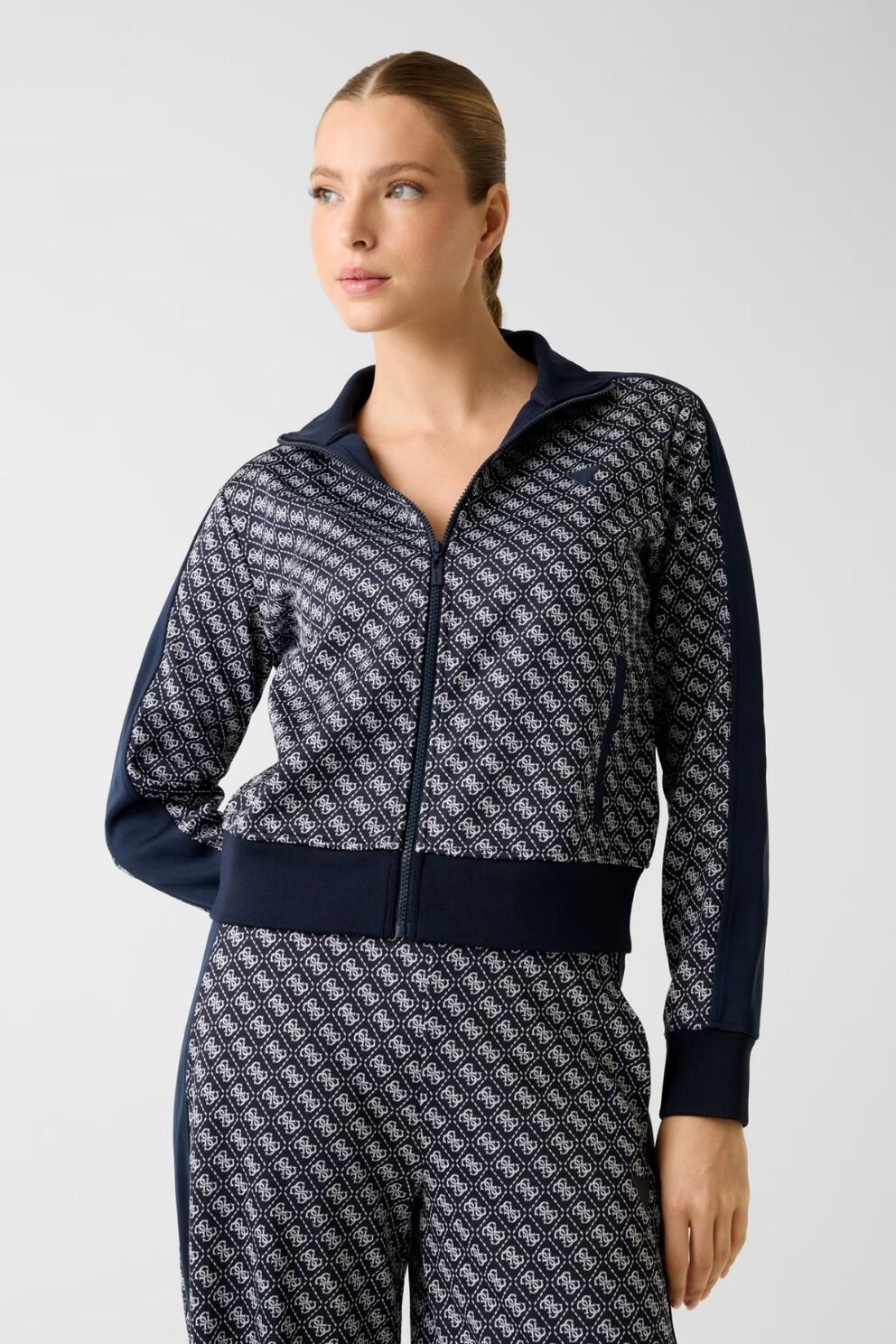 Guess Baskılı Logolu, Tam Fermuarlı Kazak Mavi