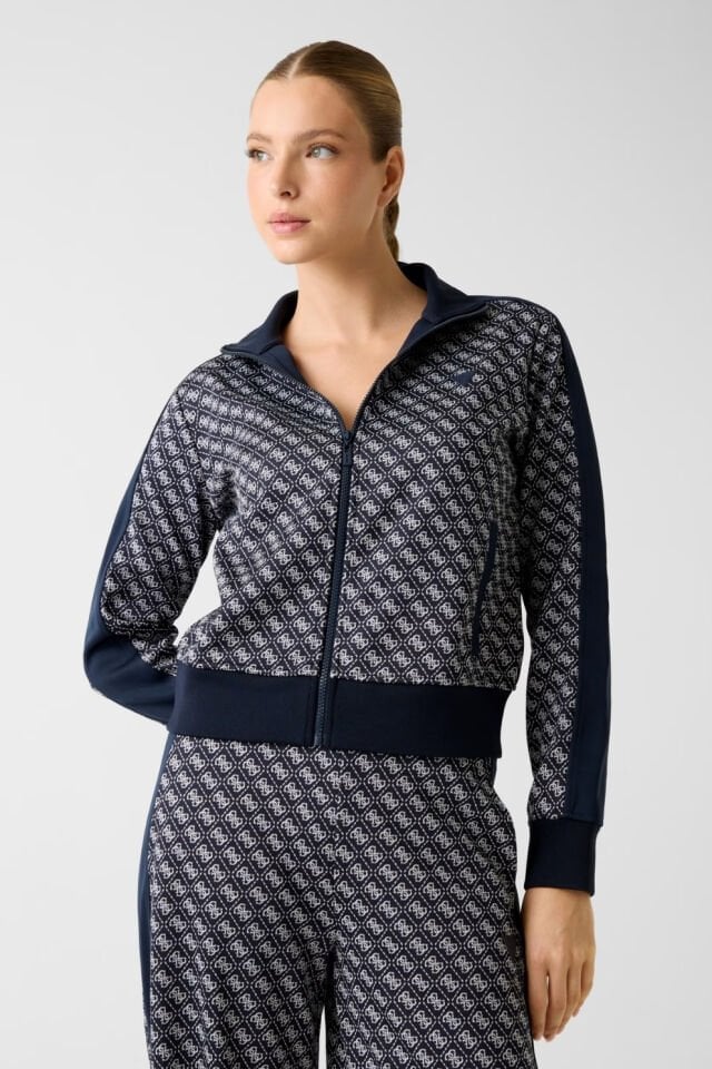 Guess Baskılı Logolu, Tam Fermuarlı Kazak Mavi