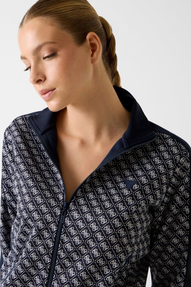 Guess Baskılı Logolu, Tam Fermuarlı Kazak Mavi