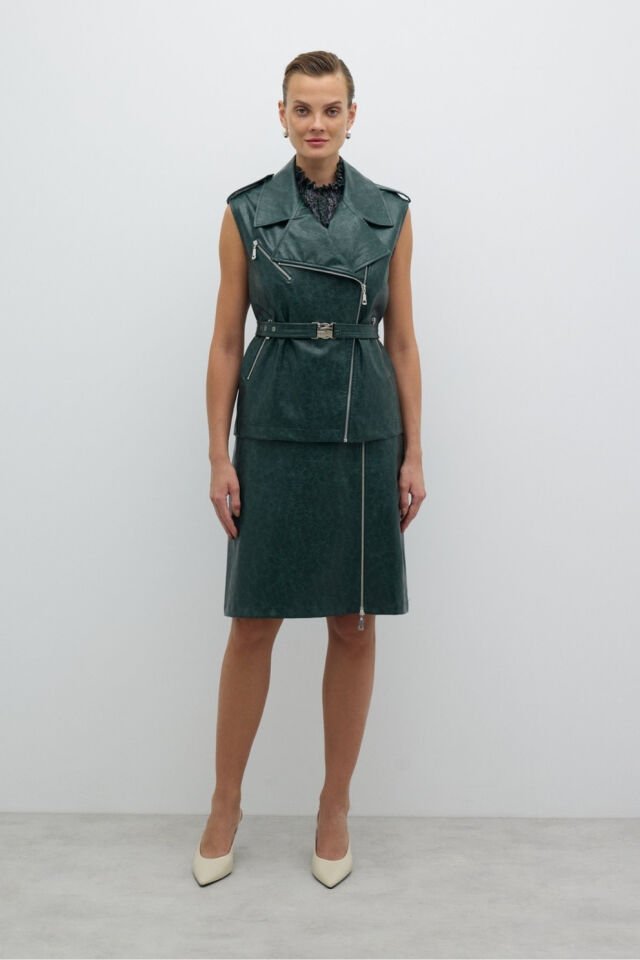 Roman Çıkarılabilir Kemer ve Çıtçıt Detaylı Kruvaze Yelek Yeşil