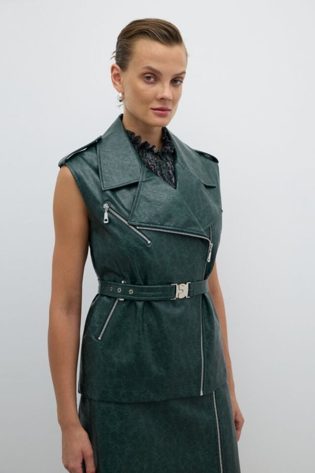 Roman Çıkarılabilir Kemer ve Çıtçıt Detaylı Kruvaze Yelek Yeşil