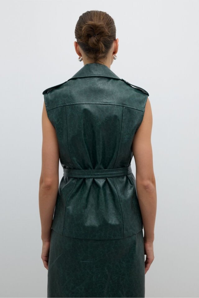 Roman Çıkarılabilir Kemer ve Çıtçıt Detaylı Kruvaze Yelek Yeşil