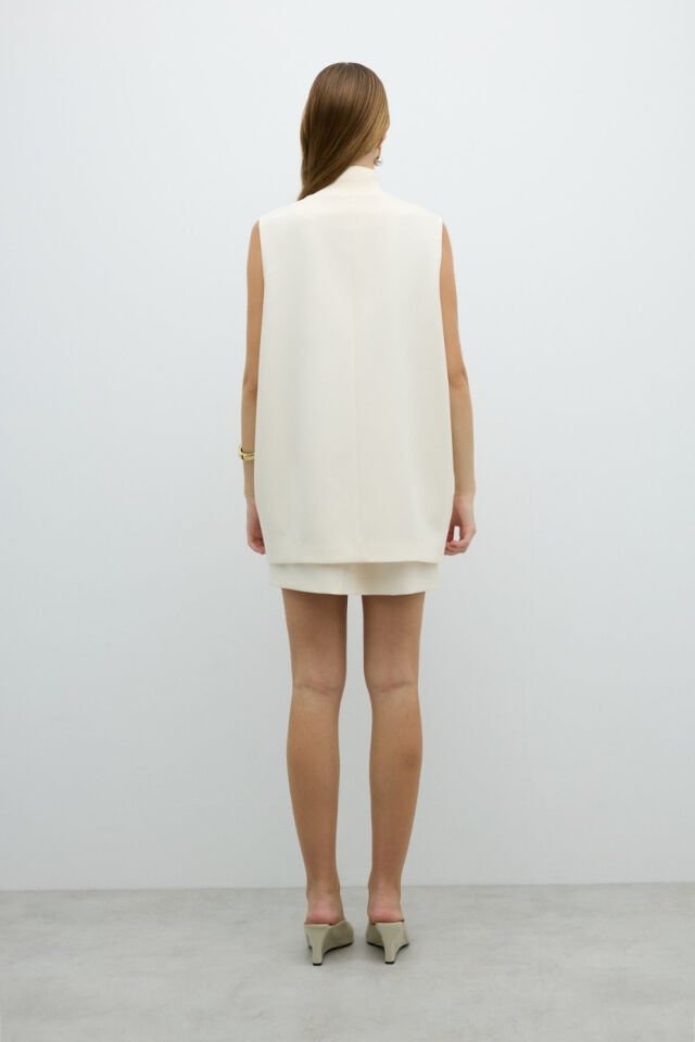 Roman Ribana Yaka Çift Cepli Yelek Ekru